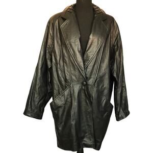 Vintage 80s G11 Black Leather Jacket Button Womens Large Mid Length Long Retro